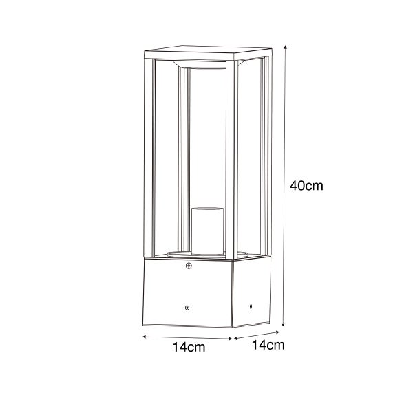 Maßzeichnung einer rechteckigen Außenleuchte mit einer Höhe von 40 Zentimetern sowie einer Breite und Tiefe von jeweils 14 Zentimetern.