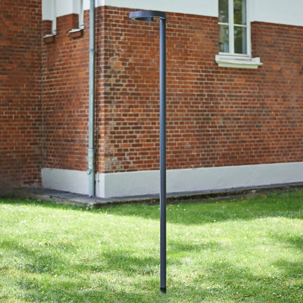 Moderne Mastleuchte mit ringförmigem Kopf auf einer Rasenfläche vor einer Ziegelwand.