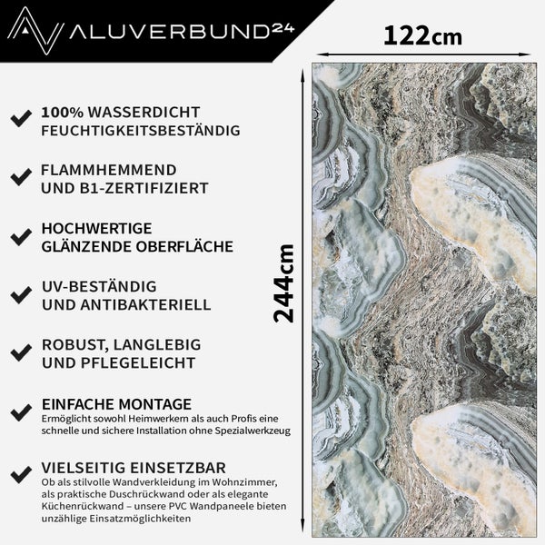 Aluverbund24 Logo. Wandpaneel mit den Maßen 122 cm mal 244 cm, wasserdicht, feuchtigkeitsbeständig, schwer entflammbar und B1-zertifiziert, hochwertige, glänzende Oberfläche, UV-beständig, antibakteriell, robust, langlebig, pflegeleicht, einfache Montage und vielseitig einsetzbar.