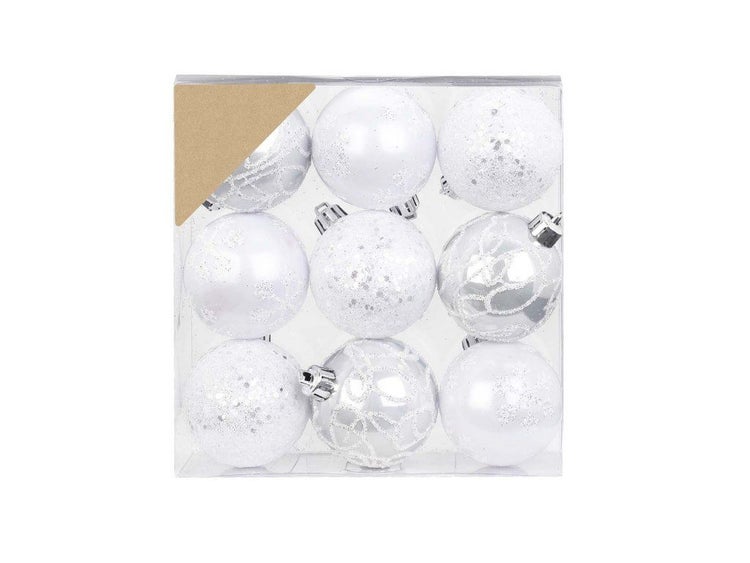 Set mit neun Weihnachtskugeln in verschiedenen Oberflächengestaltungen verpackt in einem transparenten Kunststoffkarton