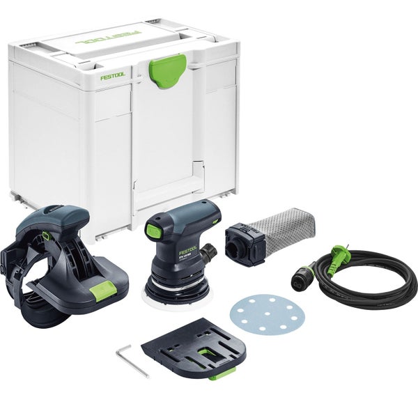 Festool Exzenterschleifer ETS 125 REQ Set mit Systainer, Festool Logo, Staubbeutel, Netzkabel und Schleifzubehör.