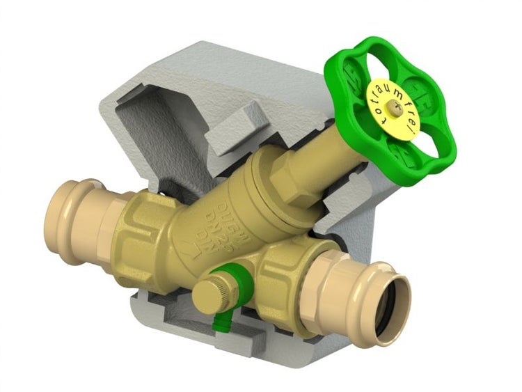 Freistromventil aus Messing für Trinkwasser mit Pressanschluss, Wärmedämmschale und grünem Handrad, Nennweite 25 Millimeter.