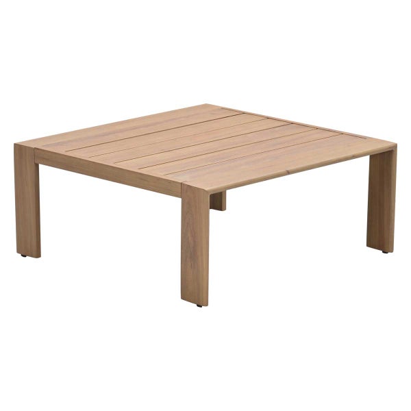 Quadratischer Garten-Loungetisch aus Holz mit Tischplatte aus Holzlatten und breiten Beinen.