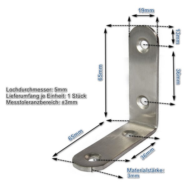Winkelverbinder aus Metall mit Maßangaben für die Montage, 65 mal 65 Millimeter, Lochdurchmesser 5 Millimeter, Materialstärke 3 Millimeter.