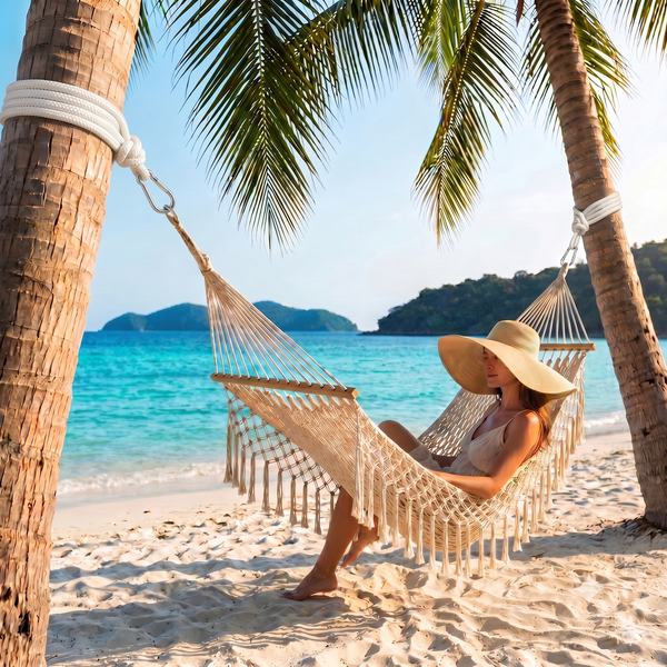 Frau mit Sonnenhut entspannt in einer Makramee-Hängematte mit Fransen und Spreizstab, die zwischen zwei Palmen am Strand befestigt ist.