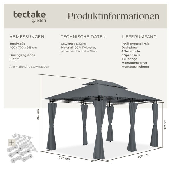 Produktinformationen zu tectake Gartenpavillon mit den Gesamtmaßen 400 x 300 x 265 cm