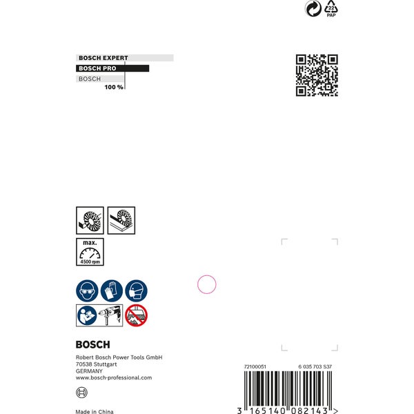 Bosch Expert, Bosch Pro, Bosch Logo, Hinweis zum Schleifen, maximale Drehzahl 4500 Umdrehungen pro Minute, Sicherheitsausrüstungshinweise, Barcode