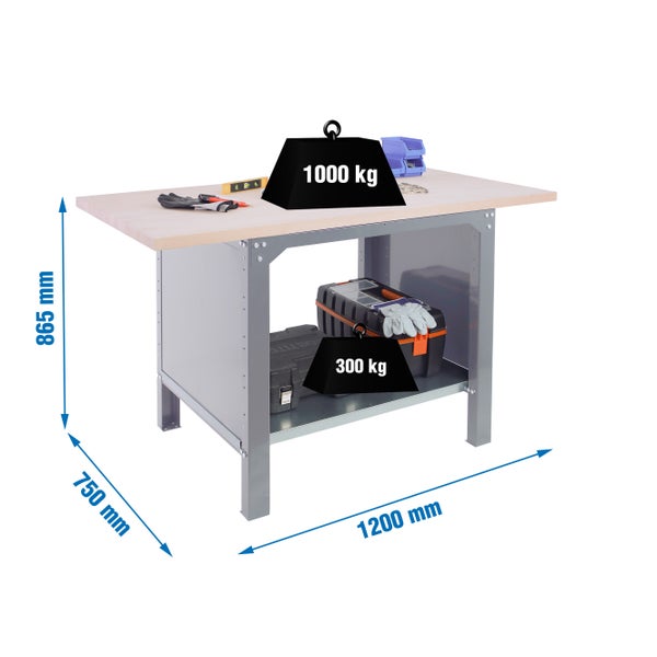 Werkbank BUFFALO WOOD | HxBxT 86,5x120x75cm | Traglast 1000kg | Grau