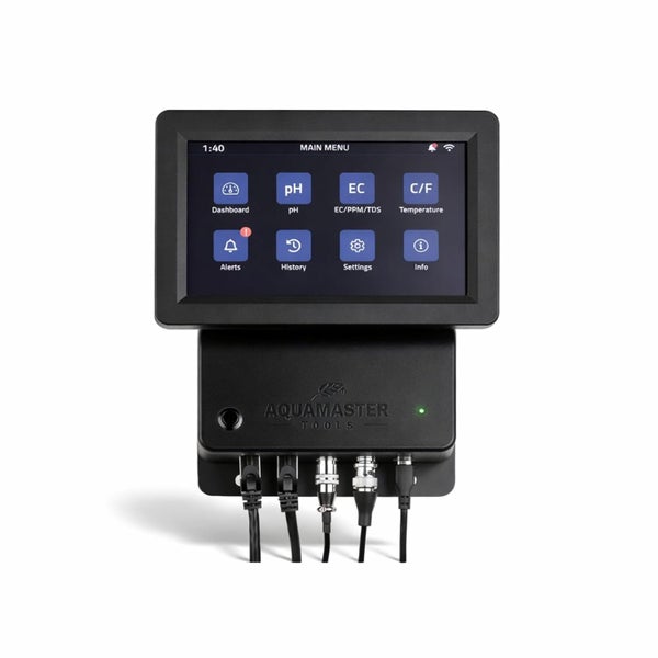 Aqua Master Tools Pro Controller mit Touchscreen zur Messung von pH, elektrischer Leitfähigkeit und Temperatur.