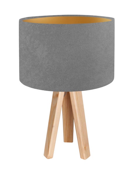 Tischleuchte Jalua T Velours grey & gold mit Dreibein aus Holz H: 47cm 10753