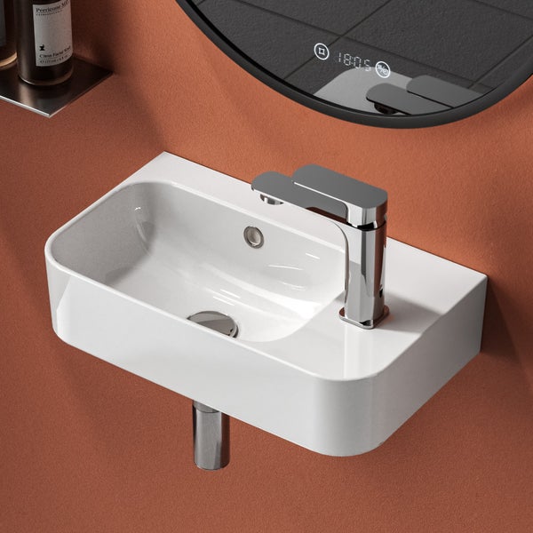EMKE Hängewaschbecken 450 x 265 mm, Eckiges Keramik Waschbecken, mit Hahnloch rechts, glänzend Weiß, Höhe 156 mm, pflegeleicht, für Badezimmer