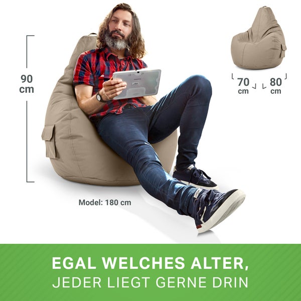 Green Bean Sitzsack mit Rückenlehne 80x70x90cm - Gaming Chair mit 230L Füllung Kuschelig Weich Waschbar - Bean Bag Bodenkissen Lounge Chair Sitzhocker Relax-Sessel Gamer Gamingstuhl Taupe