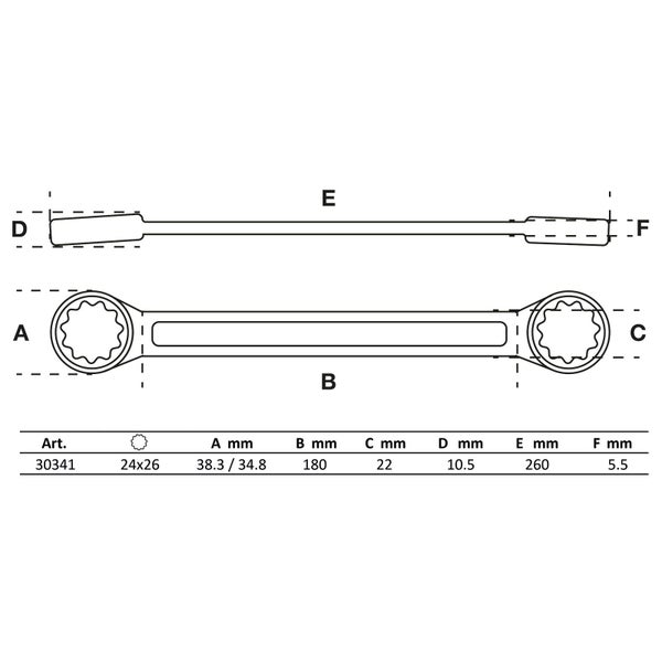 Technische Zeichnung eines Doppelmaulschlüssels mit detaillierten Maßangaben