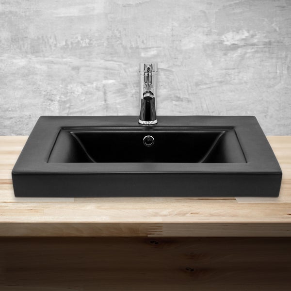 ML-Design Waschbecken aus Keramik Schwarz matt 61x46,5x15,5 cm Eckig, Einbauwaschbecken mit Hahnloch und Überlauf, Aufsatzwaschbecken Einbauwaschtisch Waschschale Handwaschbecken, für das Badezimmer
