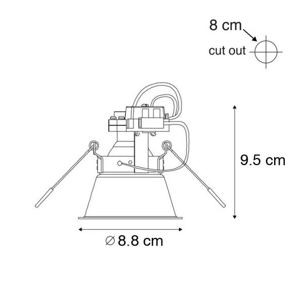Einbaustrahler Maße: Durchmesser 8,8 Zentimeter, Höhe 9,5 Zentimeter, Lochausschnitt 8 Zentimeter.