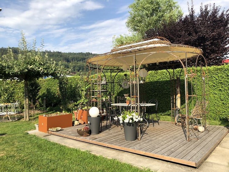 Pavillon ELEO Verona 4 x 2,9 m unbeschichtet - Edelrost | mit Sonnensegel ecru