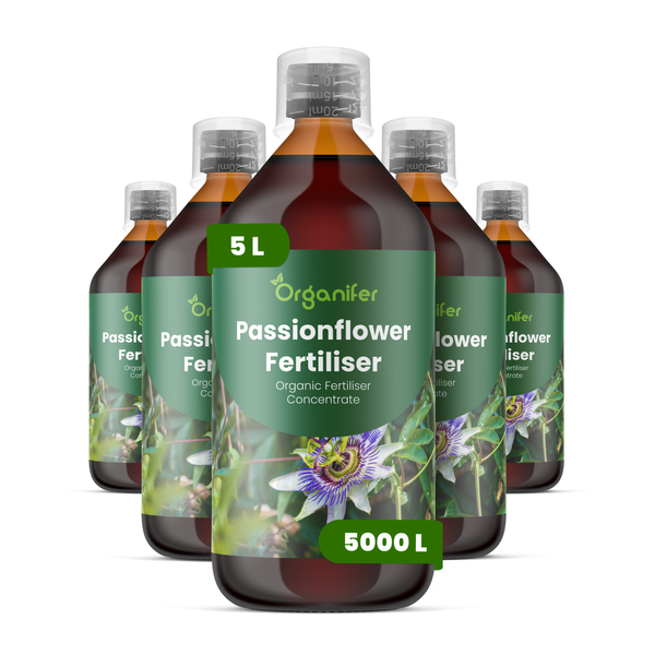 Fünf Flaschen Organifer Passionsblumen-Dünger Konzentrat, ausreichend für 5000 Liter, organischer Flüssigdünger.