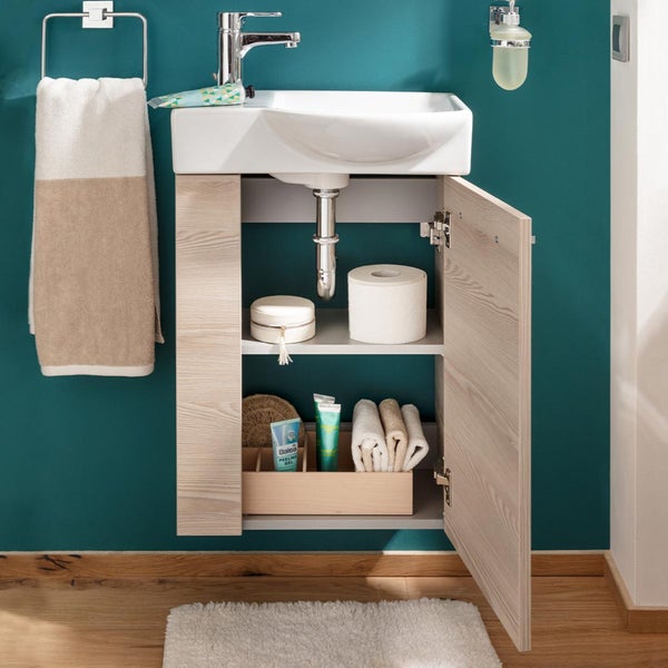 Fackelmann B.CLEVER Gäste-WC Set 2 Teile – Waschtischunterschrank in Holz Braun mit Waschbecken aus Keramik – SBC Waschbeckenunterschrank schmal – Türanschlag rechts – Hahnloch links – 45 cm breit