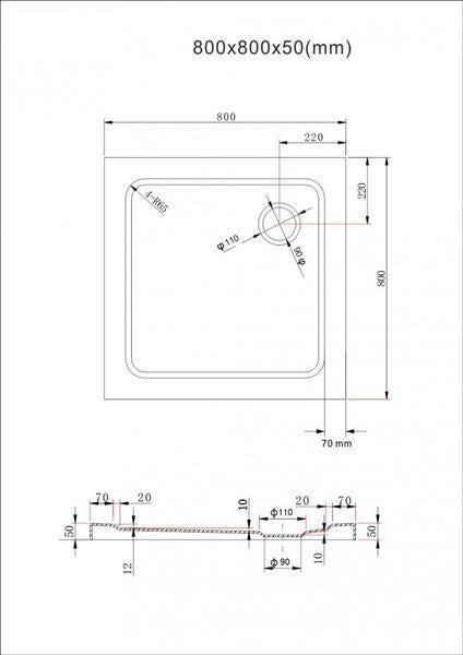 Technische Zeichnung einer Duschwanne mit den Maßen 800x800x50 Millimeter.