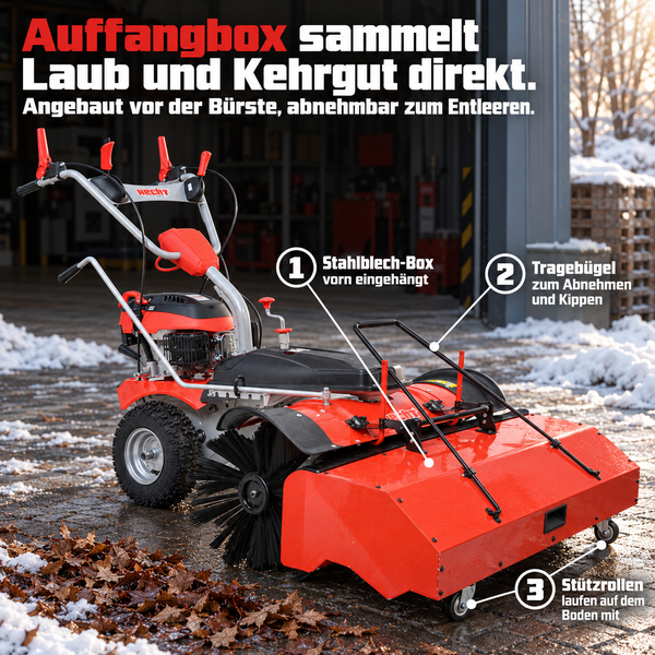 Hecht Kehrmaschine mit abnehmbarem Auffangbehälter aus Stahlblech, Tragebügel und Stützrollen zum Aufkehren von Laub und Schmutz.