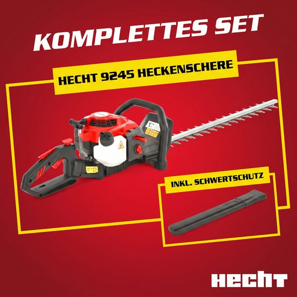 Hecht 9245 Benzin-Heckenschere Set inklusive Schwertschutz. Hecht Logo.