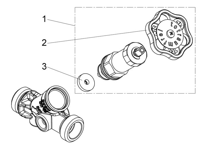 Technische Zeichnung einer Ventilbaugruppe mit Ventilgehäuse, Oberteil, Handrad und Dichtung, gekennzeichnet mit Nummern.