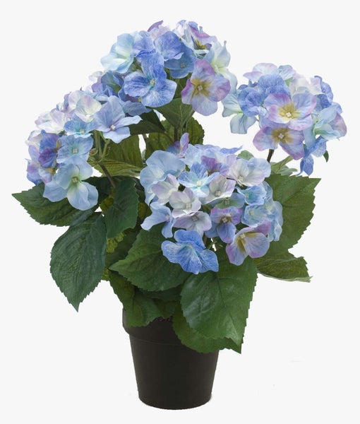 Künstliche Hortensie im schwarzen Topf mit blauen Blüten und grünen Blättern.