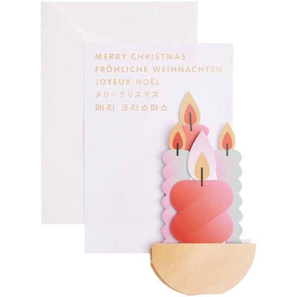 Weihnachtskarte mit Kerzenmotiv und mehrsprachiger Aufschrift