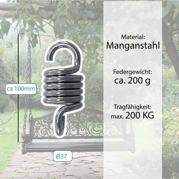 Manganstahl Feder für Schaukel mit circa 100 Millimeter Länge und maximaler Tragfähigkeit von 200 Kilogramm.