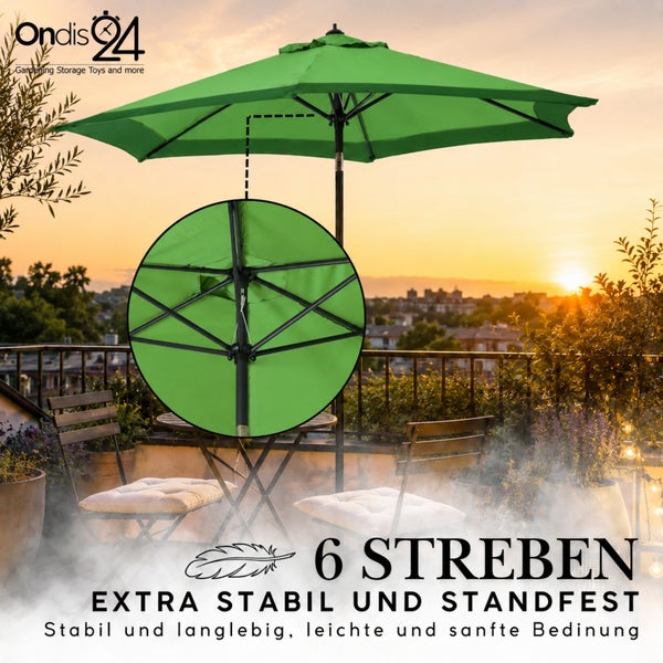Grüner Sonnenschirm mit 6 stabilen Streben auf einem Balkon mit Gartenmöbeln bei Sonnenuntergang. Detailansicht der Struktur. Ondis24 Logo.