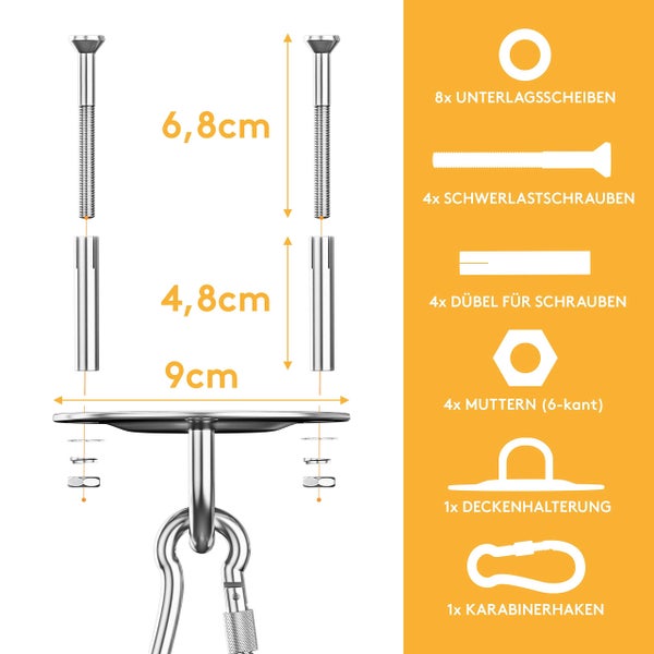 Technische Zeichnung Deckenhalterungs-Set mit Maßen in Zentimeter und Inhalt: Schrauben, Dübel, Muttern, Unterlegscheiben und Karabiner.