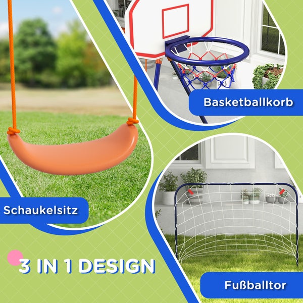 Outsunny 3 in 1 Schaukelset, Schaukelgerüst aus Stahl Kinderschaukel mit Fußballtor, Basketballkorb, Gartenschaukel Schaukelgestell Outdoor für Kinder 3-8 Jahre, Stahl, Dunkelblau