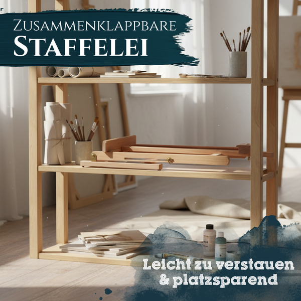 Zusammenklappbare Holzstaffelei auf einem Regal in einem Atelier mit Malzubehör.
