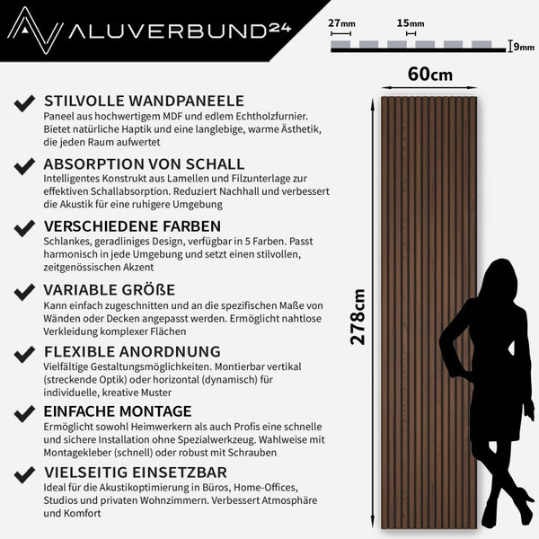 Wandpaneel aus MDF mit Echtholzfurnier, 60 cm breit und 278 cm hoch, zur Schallabsorption und flexiblen Anordnung