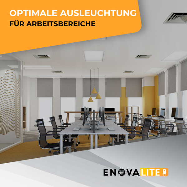 Modernes Großraumbüro mit Arbeitsplätzen, Schreibtischen und Stühlen unter heller Beleuchtung für Arbeitsbereiche mit Enovalite Logo.