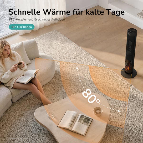 Schlafzimmer mit EMKE Turmheizer mit Flammeneffekt, leiser Betrieb, unabhängiger Flammeneffekt, moderne Inneneinrichtung.