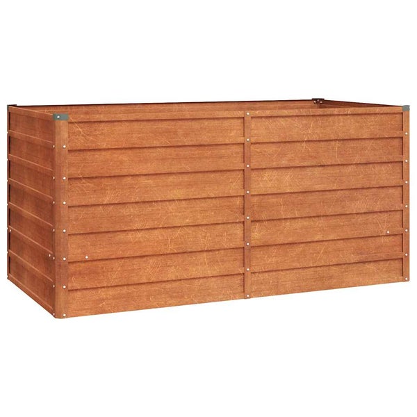 Rechteckiges Hochbeet in brauner Holzoptik aus Holz-Kunststoff-Verbundwerkstoff.