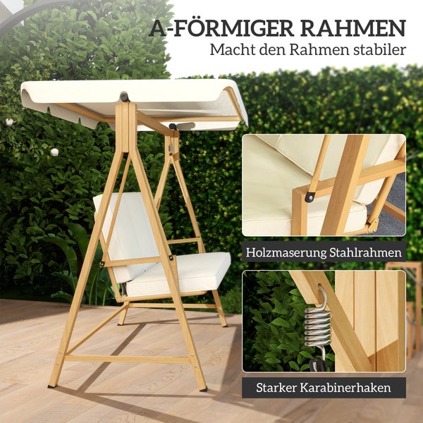 Outsunny Hollywoodschaukel mit verstellbarem Sonnendach Sitzauflage, Holzoptik 3-Sitzer Gartenschaukel belastbar bis 330kg, Schaukelbank für Garten, Terrasse 198 x 120 x 170cm, Beige