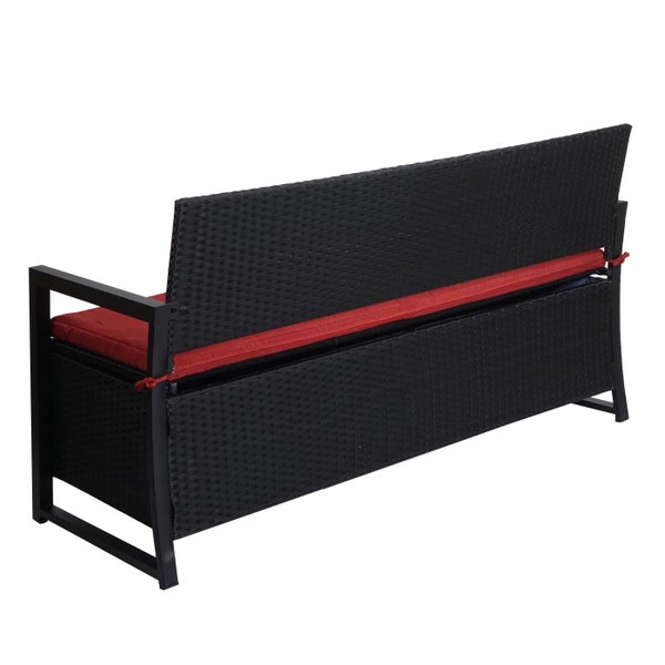 Gartenbank aus Polyrattan in Schwarz mit roter Sitzauflage und integrierter Aufbewahrungsbox, Rückansicht.