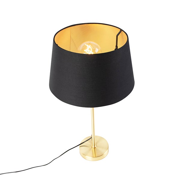 Tischleuchte mit schwarzem Stoffschirm, goldfarbener Innenseite und goldfarbenem Metallsockel