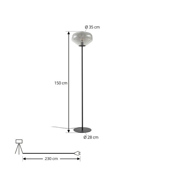 Abbildung einer Stehlampe mit den Massangaben Höhe 150 cm, Durchmesser Lampenschirm 35 cm, Durchmesser Fuss 28 cm und Kabellänge 230 cm.