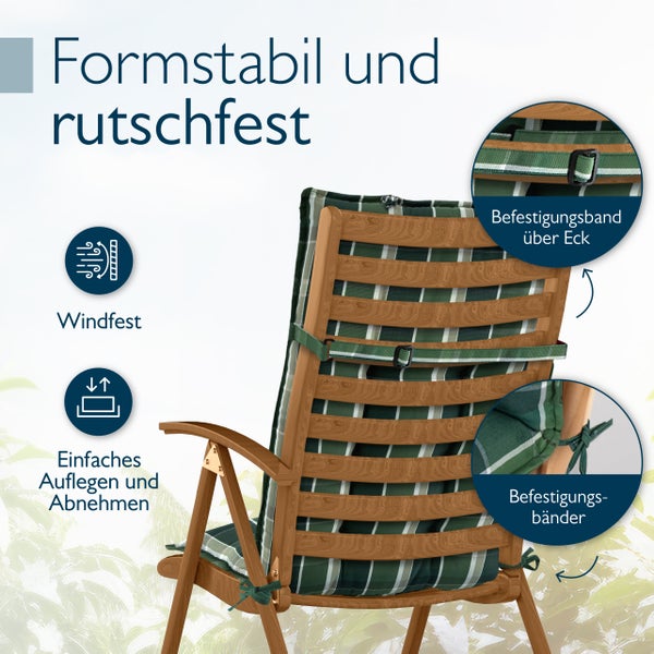 Grün gestreifte Gartenstuhlauflage auf Holzstuhl mit Befestigungsbändern für rutschfesten Halt, formstabil, windfest und einfach aufzulegen.