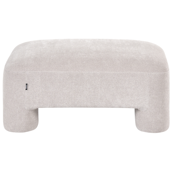 Hellgrauer gepolsterter Hocker mit abgerundeten Ecken und dicken Beinen, Stoffbezug.