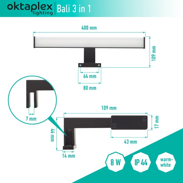 LED Spiegelleuchte 3000K Warmweiß 8W 570lm Schminklicht Badezimmer Spiegellampe 40cm 3in1 Montage Schwarz