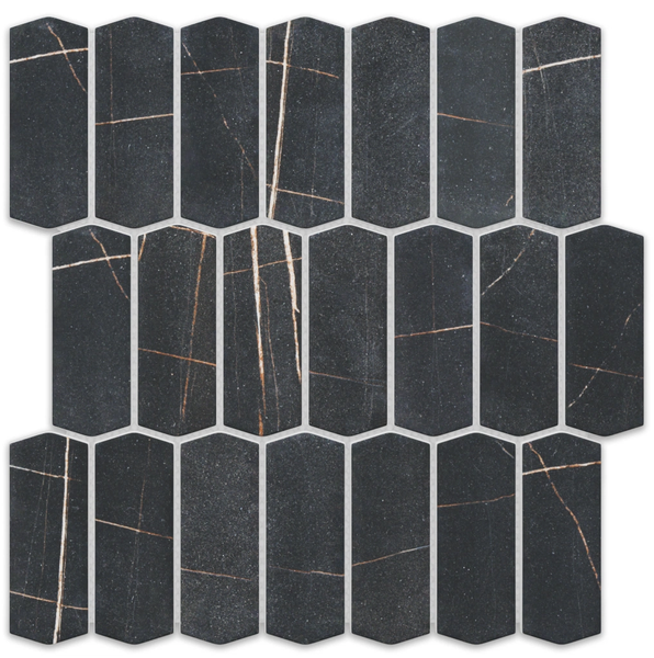 Dunkle Mosaikfliesen in Picket-Form mit Marmor-Optik und feiner Maserung für Wand und Boden.