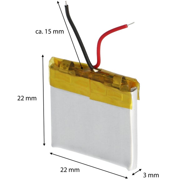 Lithium-Polymer-Akku mit Kabel, Maße 22 mal 22 mal 3 Millimeter, Kabellänge circa 15 Millimeter.