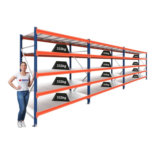 ProRegal Weitspannregal mit 3 Feldern, 5 Böden, Traglast 332 Kilogramm pro Boden. Blau-orange Konstruktion, Person zum Größenvergleich.