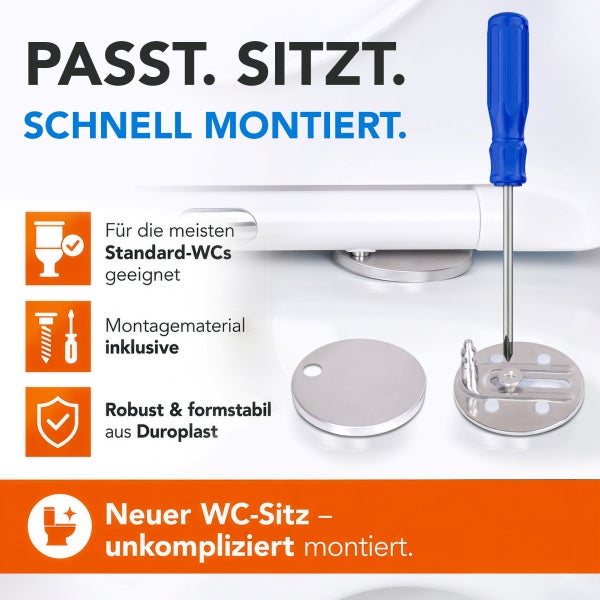 Infografik zur Montage eines WC-Sitzes aus Duroplast, inklusive Befestigungsmaterial für Standard WCs.