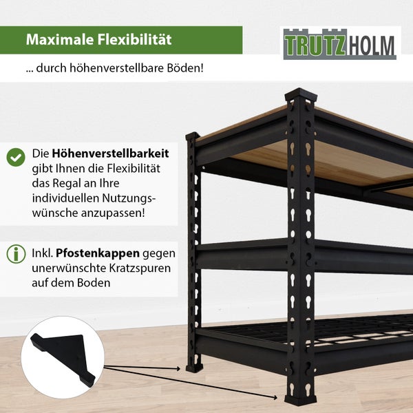 Trutzholm Schwerlastregal mit höhenverstellbaren Böden und Bodenschonern für maximale Stabilität und individuelle Anpassung.