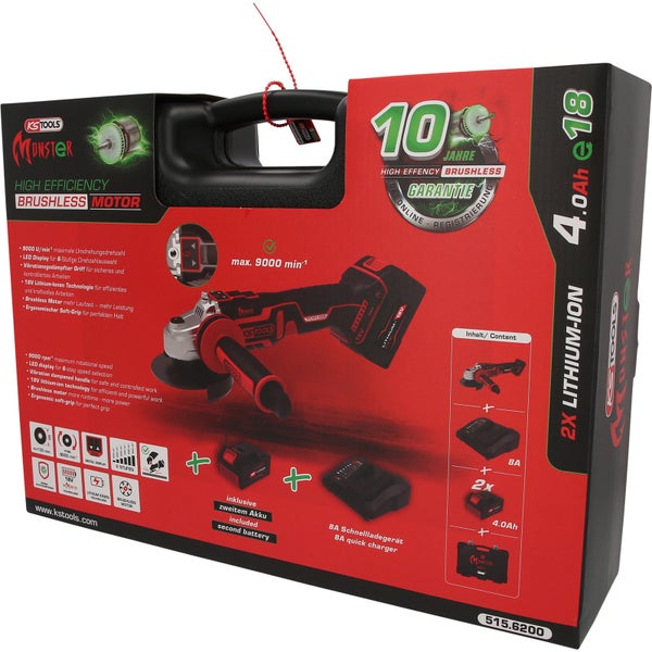 KS Tools Akku Winkelschleifer Set Monster mit bürstenlosem Motor, zwei 18 Volt 4,0 Amperestunden Akkus, 8 Ampere Schnellladegerät und Koffer.